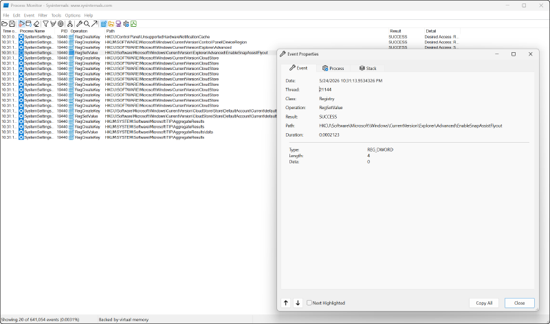 Finding Registry keys with Process Monitor